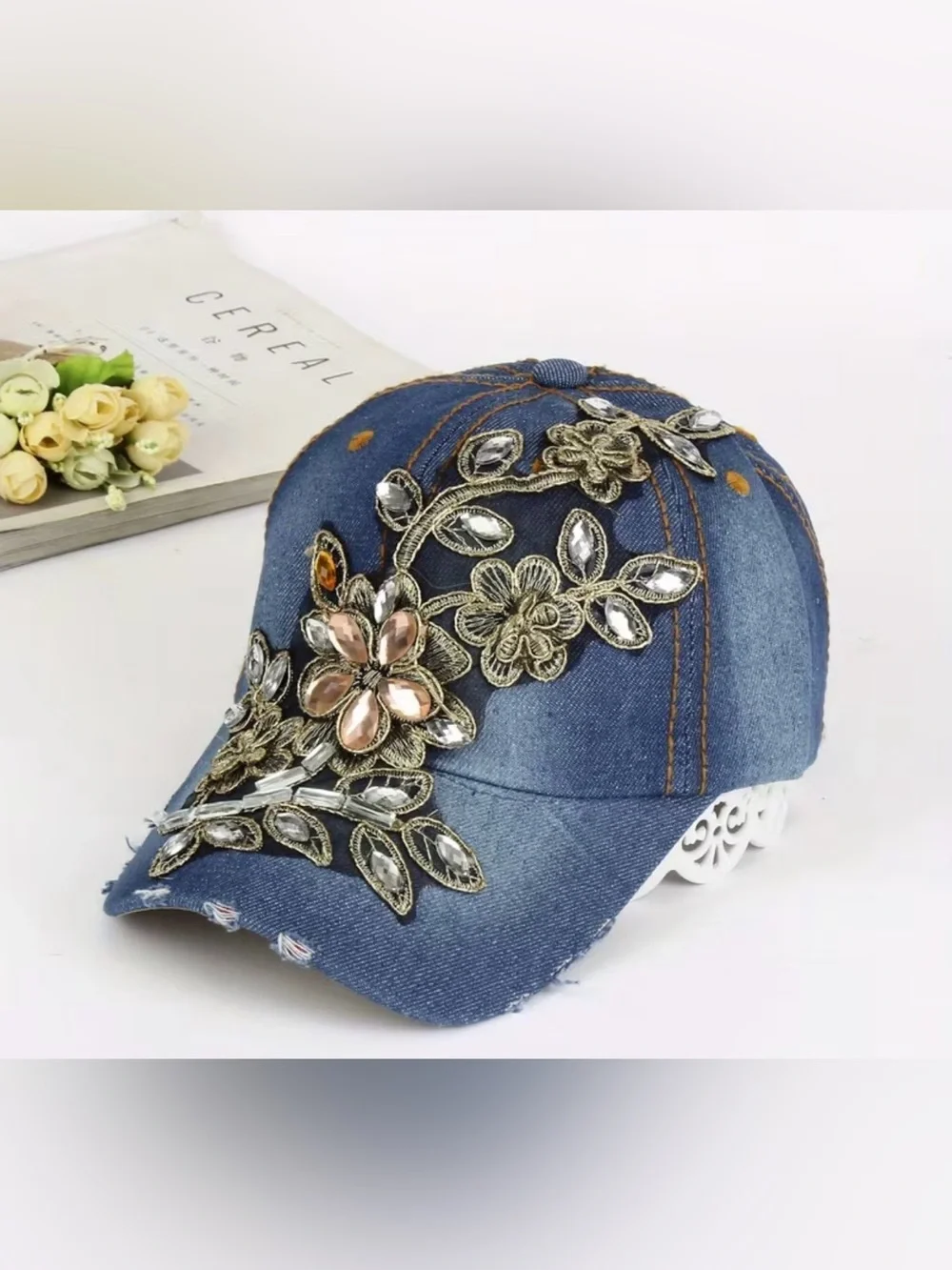Denim Floral Embellished Baseball Cap - Blue